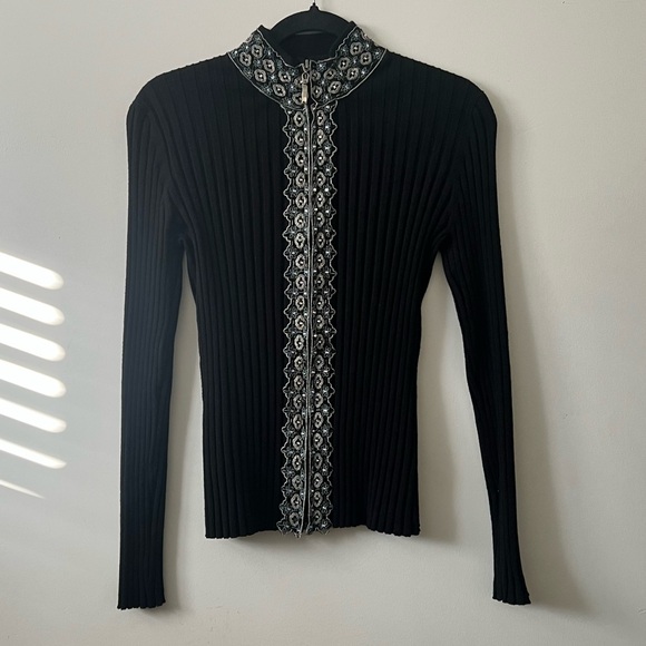 Ribbed zip up long sleeve sweater scallop hem mock neck beaded embellishments * - Picture 5 of 11